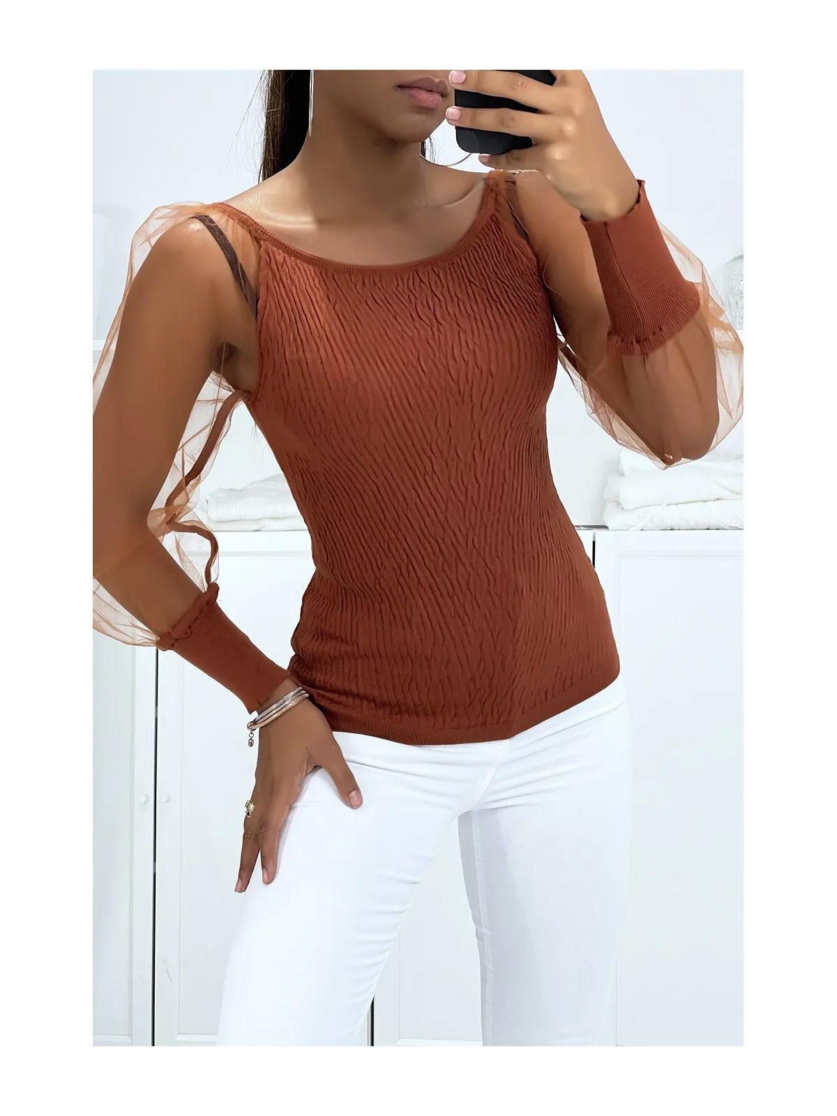 Pull cognac col bateaux effet jacquard avec manche en tulle bouffante