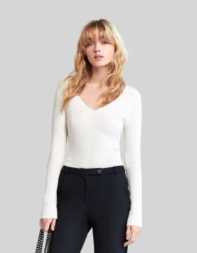 Pull écru tricot côtelé décor clous Femme