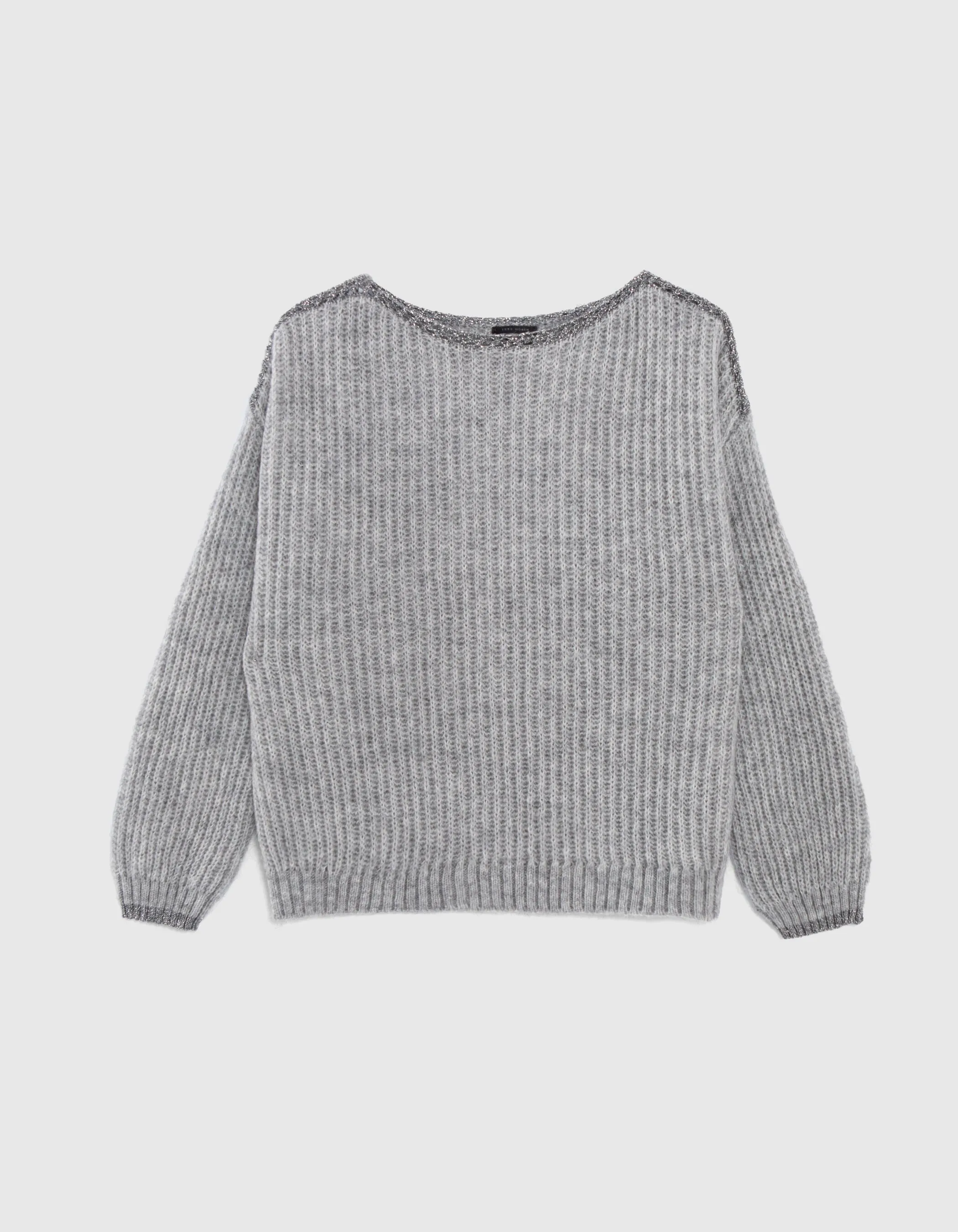 Pull gris tricot à côtes et détails lurex Femme