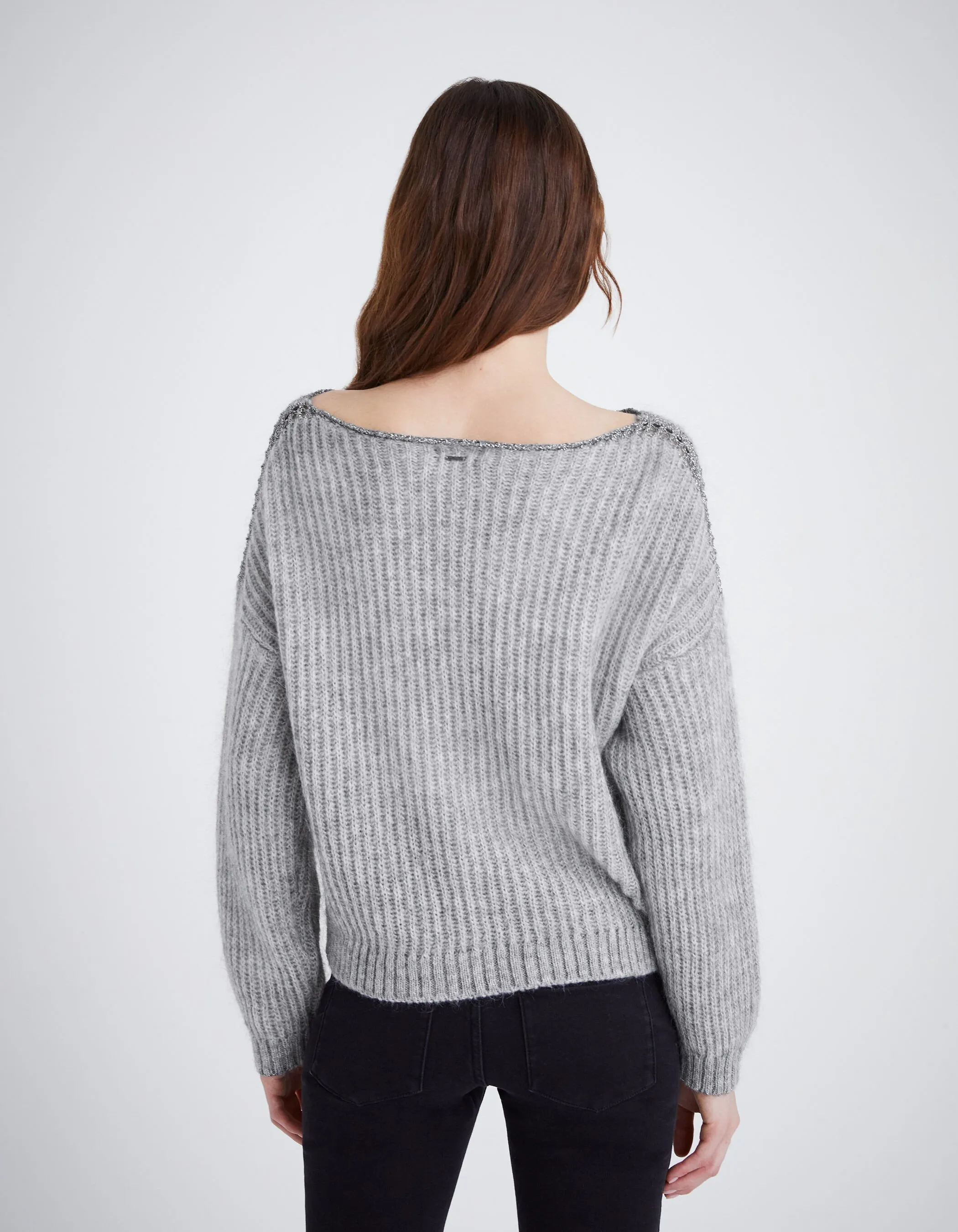 Pull gris tricot à côtes et détails lurex Femme