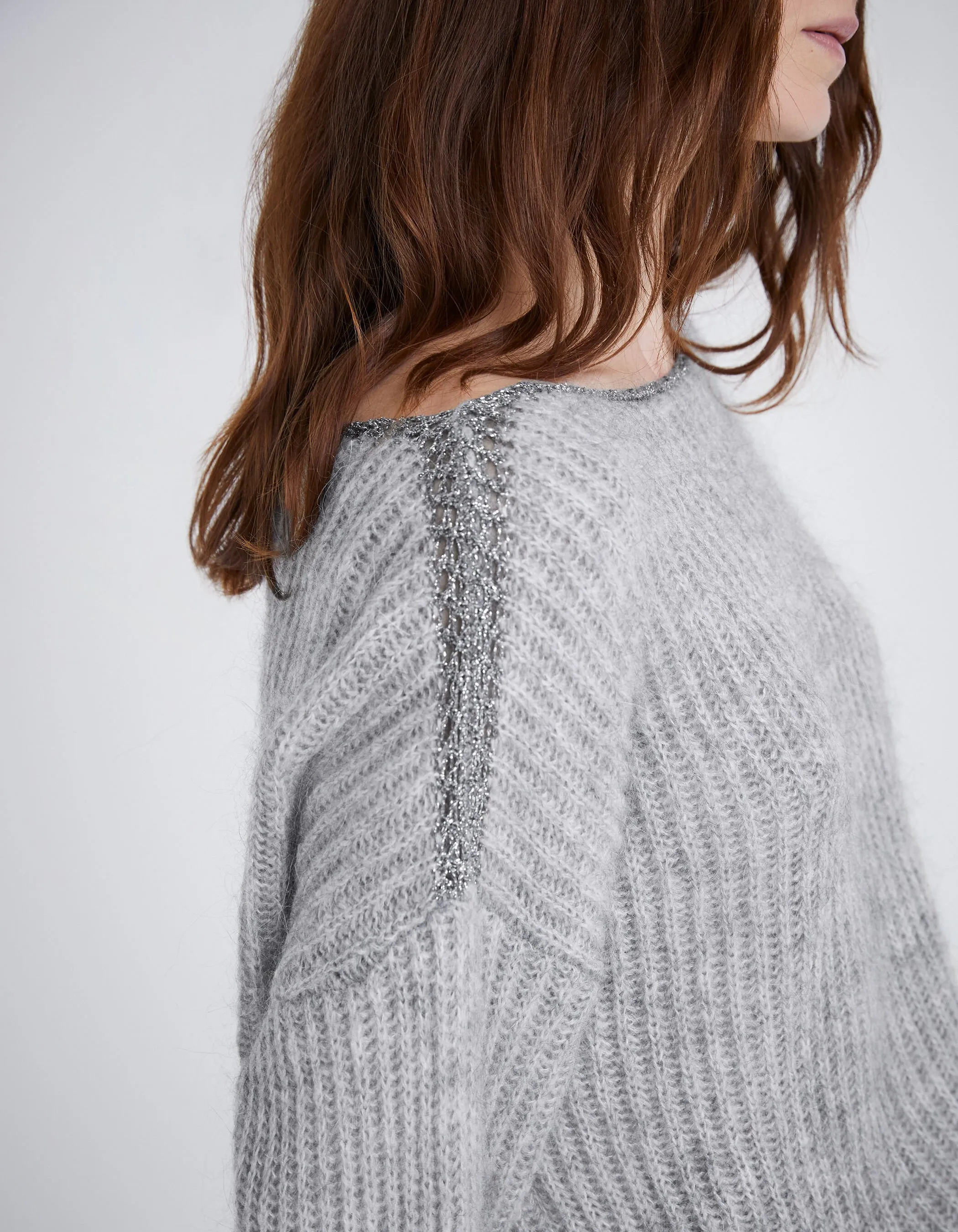 Pull gris tricot à côtes et détails lurex Femme