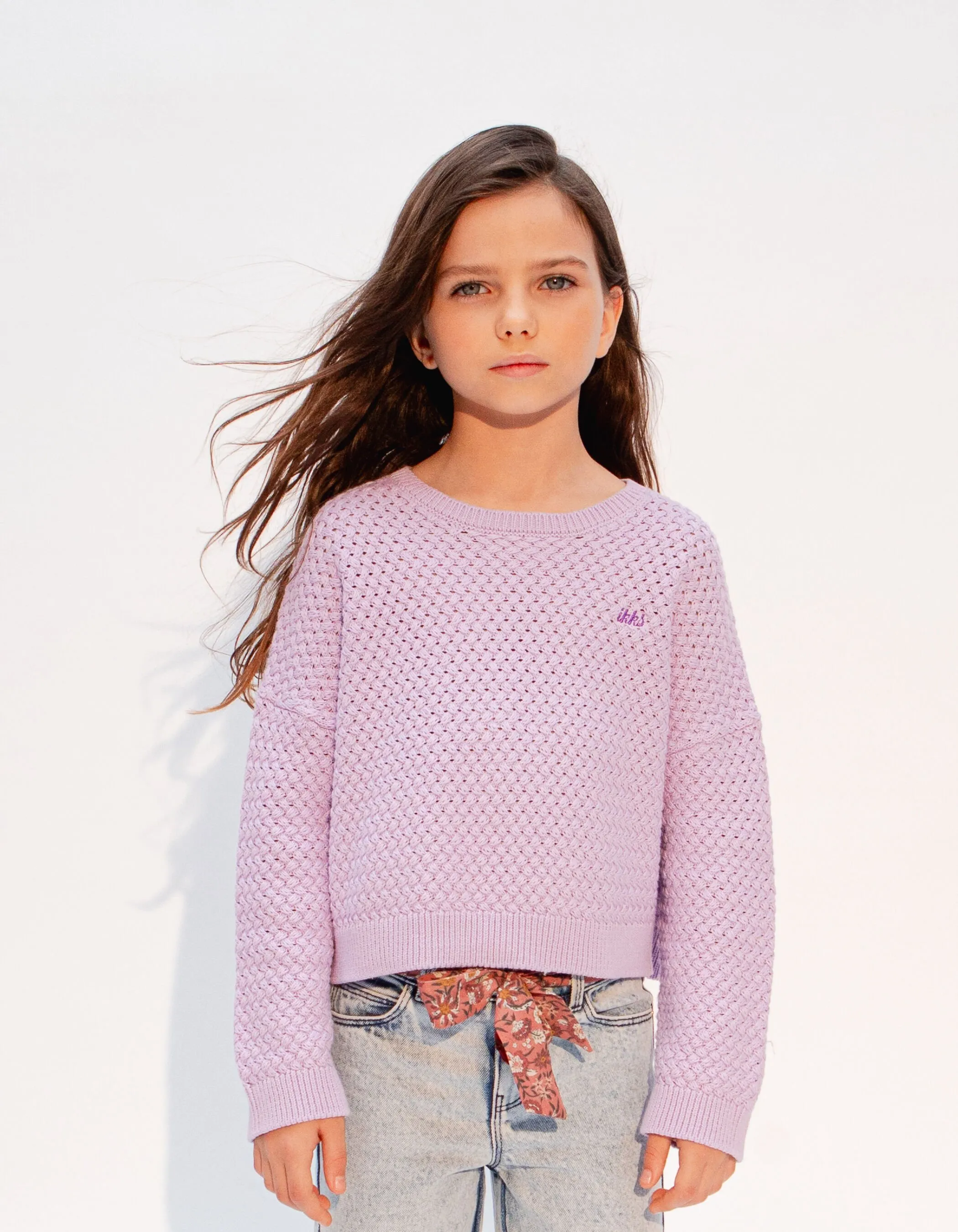 Pull lilas tricot points croisés fille