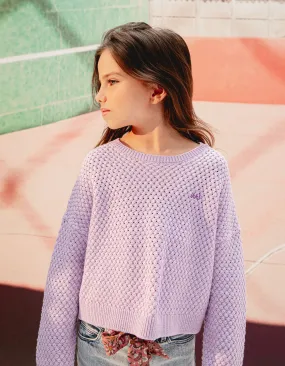 Pull lilas tricot points croisés fille