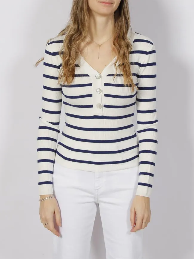 Pull maille rib rayé bouton blanc bleu femme - Salsa | wimod