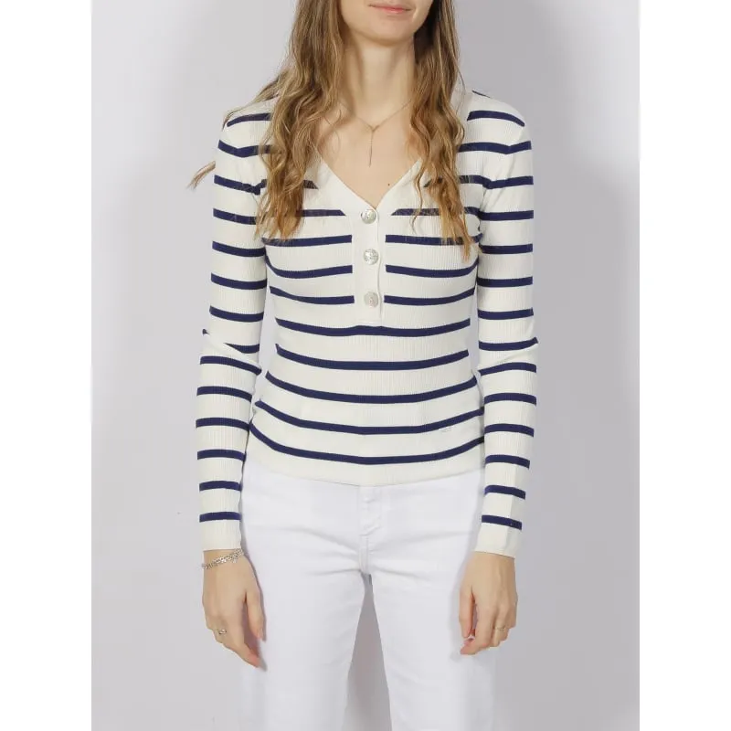 Pull maille rib rayé bouton blanc bleu femme - Salsa | wimod