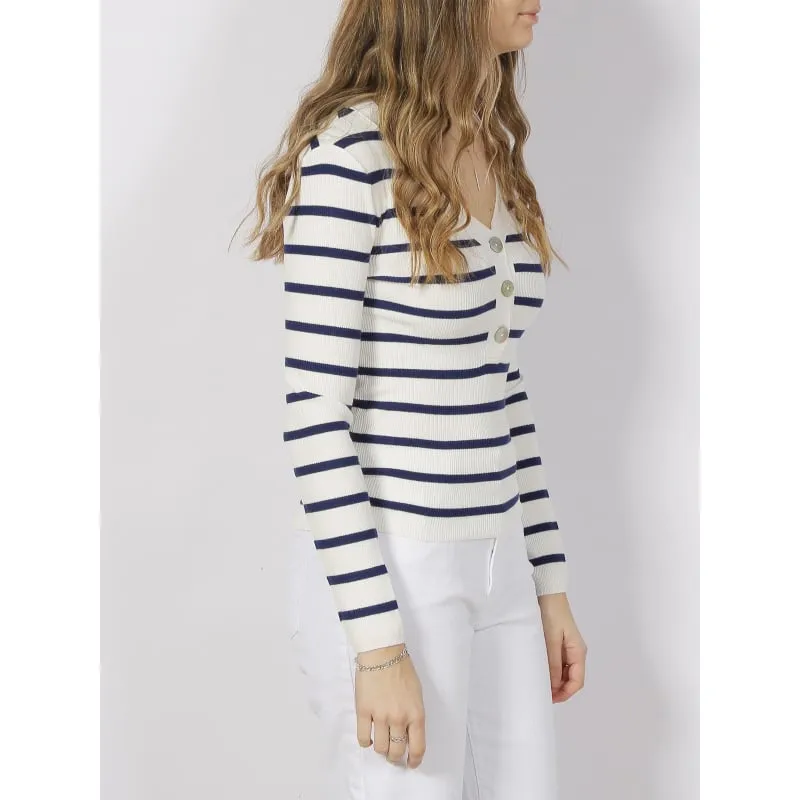 Pull maille rib rayé bouton blanc bleu femme - Salsa | wimod