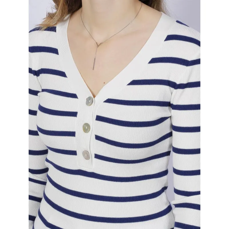 Pull maille rib rayé bouton blanc bleu femme - Salsa | wimod