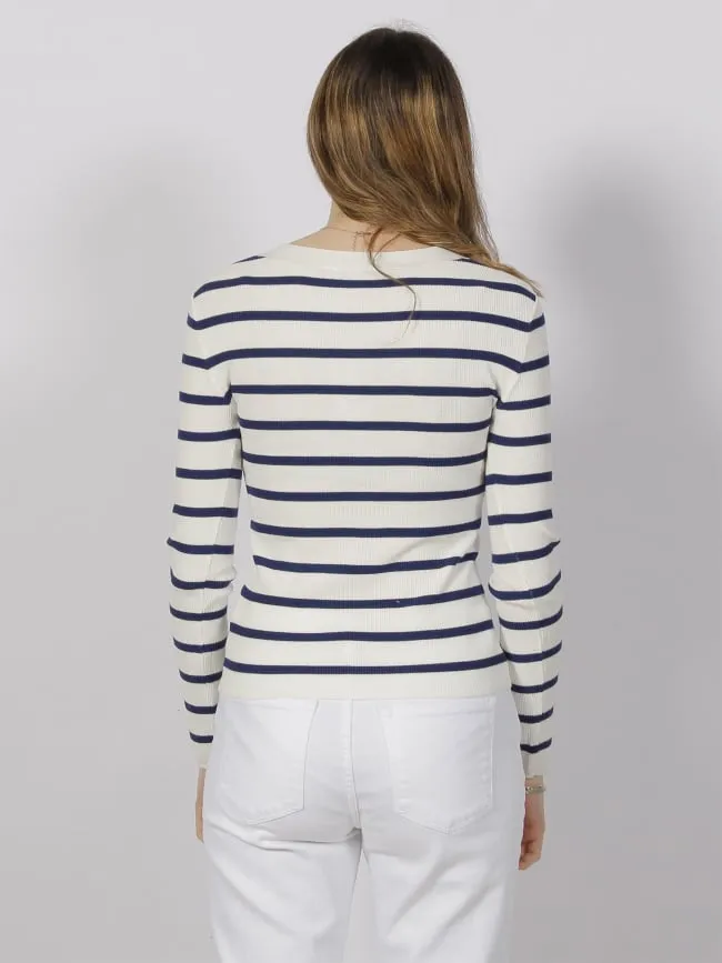 Pull maille rib rayé bouton blanc bleu femme - Salsa | wimod