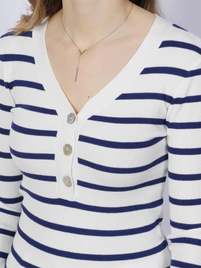 Pull maille rib rayé bouton blanc bleu femme - Salsa | wimod