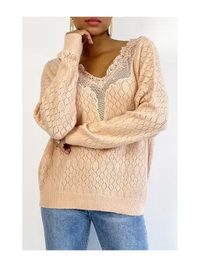 Pull rose tombant et très doux avec joli motif en dentelle au buste