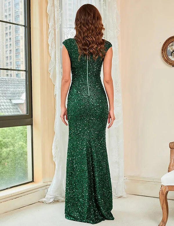 Robe de soirée verte à sequins et col bateau