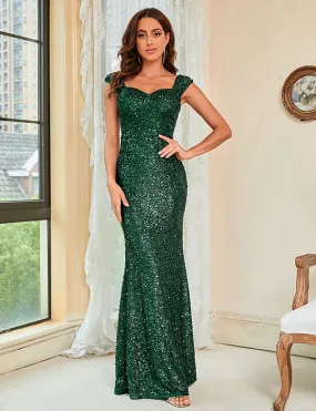 Robe de soirée verte à sequins et col bateau