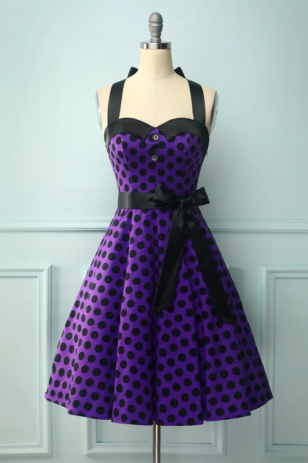 Robe dos nu violet à pois noirs