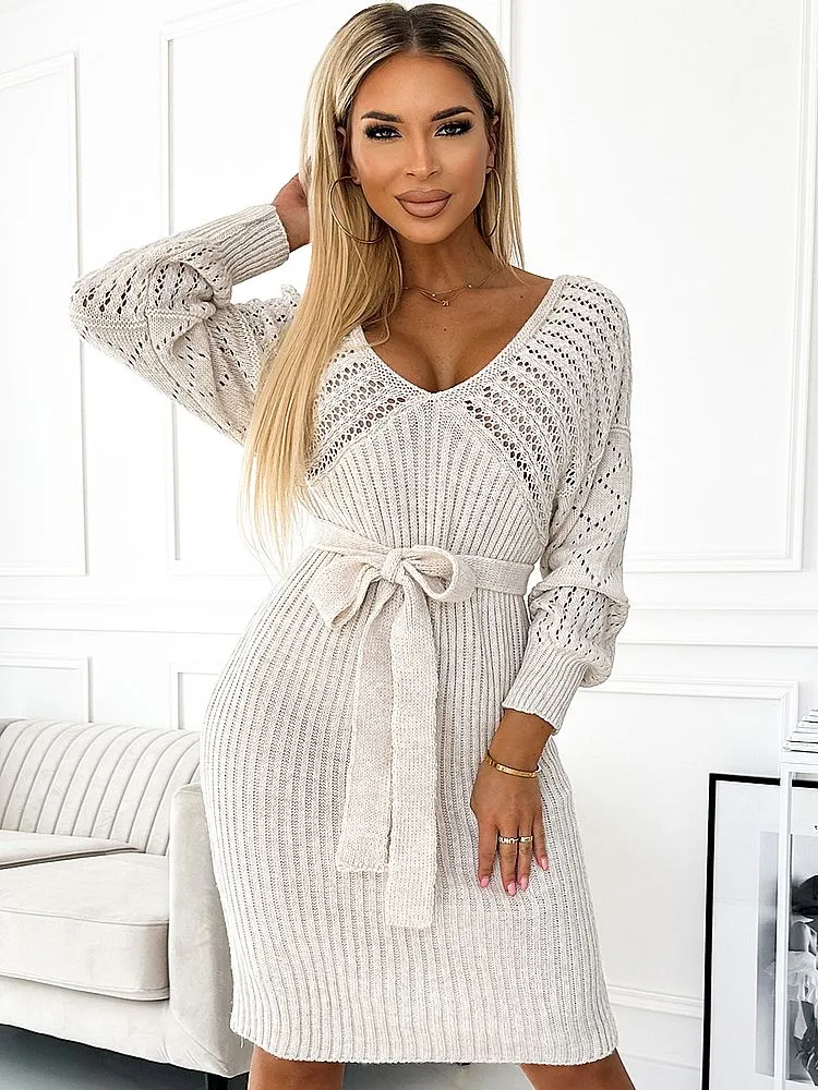 Robe Pull Beige Ajourée Tricot et sa Ceinture