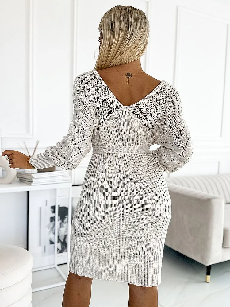 Robe Pull Beige Ajourée Tricot et sa Ceinture