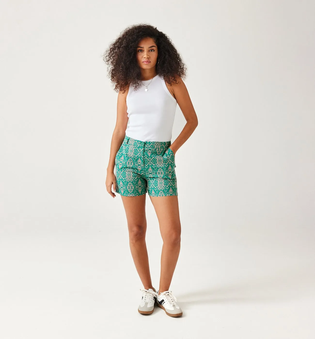 Short en coton satin Femme - Imprimé vert