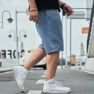 Short en Jeans Baggy Classique Rayures blanches Poches Arrières