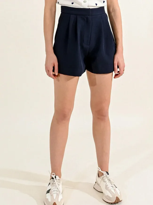 Short à pinces taille haute bleu marine femme - Molly Bracken | wimod