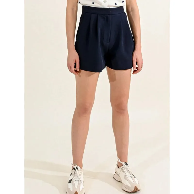 Short à pinces taille haute bleu marine femme - Molly Bracken | wimod