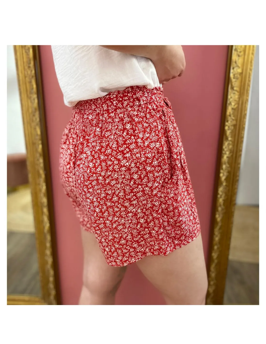 Short été à motifs imprimés femme taille élastique avec ceinture nœud motif fleuri blanc