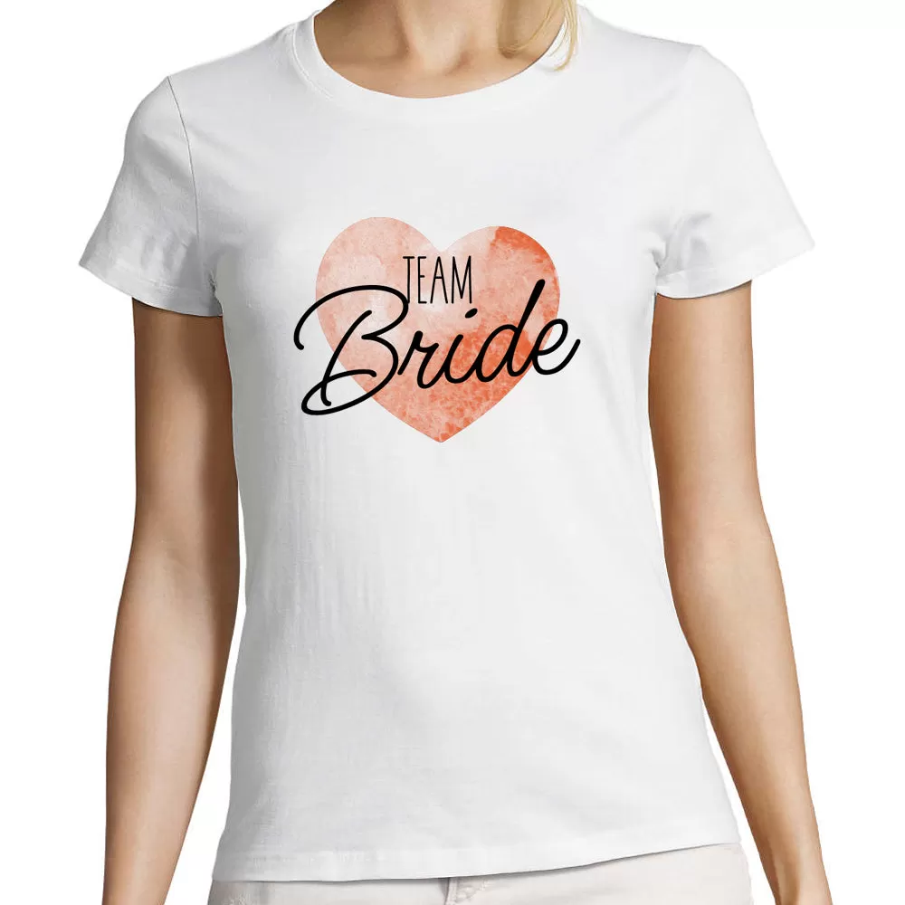 T-Shirt Femme coupe ajustée | La Mariée ou Team Bride | EVJF | Coeur aquarelle | 100% coton, tissu épais