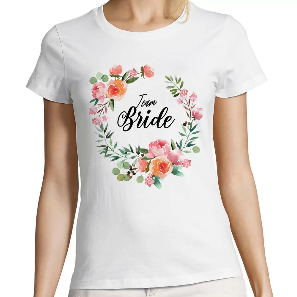 T-Shirt Team Bride | la Mariée | EVJF | Fleurs aquarelle | 100% coton, tissu épais, coupe ajustée