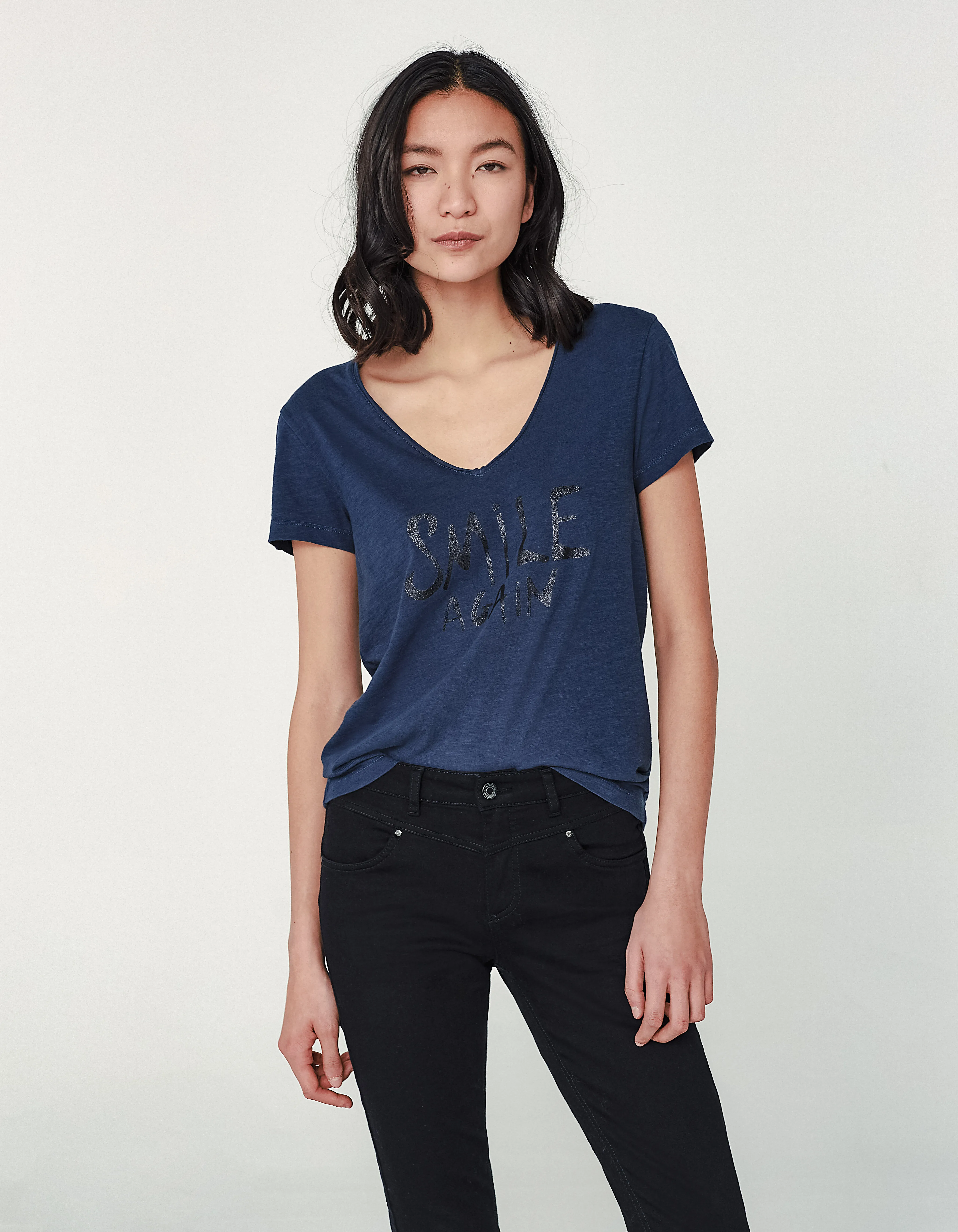 Tee-shirt bleu paon en coton flammé message pailleté femme