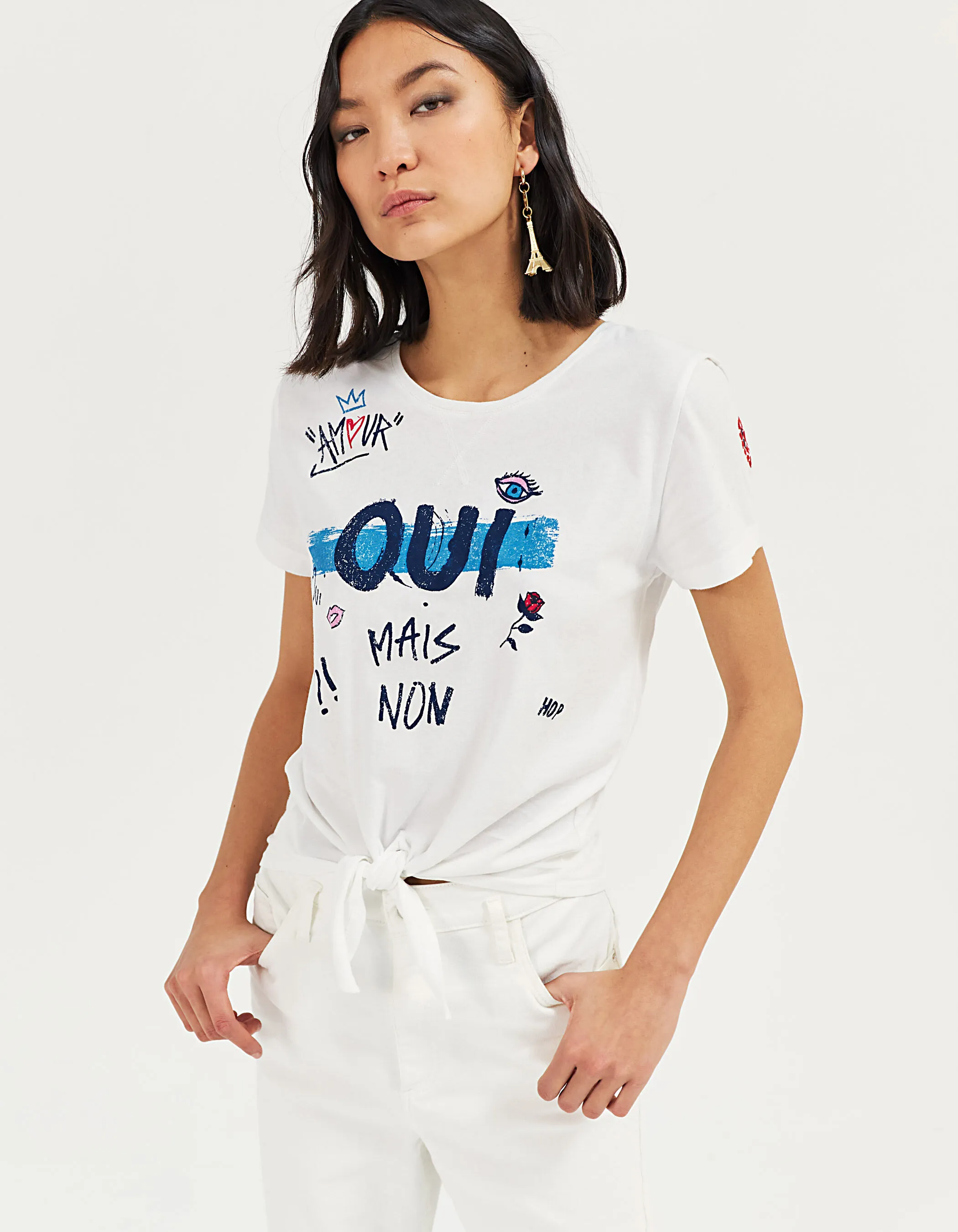 Tee-shirt en coton blanc cassé visuel message Paris femme