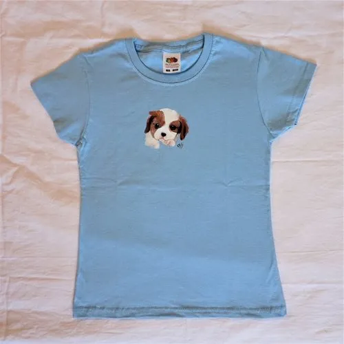 Tee shirt enfant bleu ciel chiot peint à la main 7/8 ans