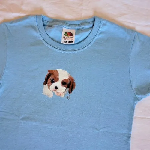 Tee shirt enfant bleu ciel chiot peint à la main 7/8 ans