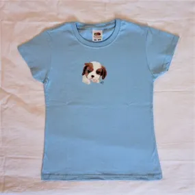 Tee shirt enfant bleu ciel chiot peint à la main 7/8 ans