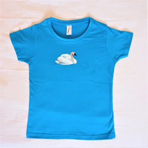 Tee shirt enfant bleu pétrole cygne peint à la main 10 ans