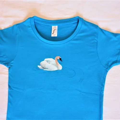 Tee shirt enfant bleu pétrole cygne peint à la main 10 ans