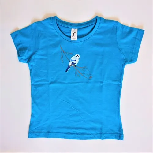 Tee shirt enfant bleu pétrole mésange azurée peint à la main 6 ans