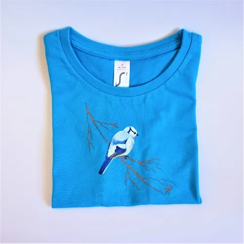 Tee shirt enfant bleu pétrole mésange azurée peint à la main 6 ans