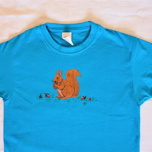 Tee shirt enfant bleu pétrole écureuil peint à la main 3/4 ans