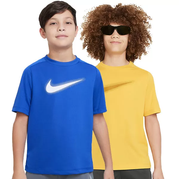 Tee-shirt enfant Nike Multi Icon bleu ou jaune avec grand logo swwosh