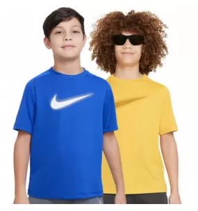 Tee-shirt enfant Nike Multi Icon bleu ou jaune avec grand logo swwosh