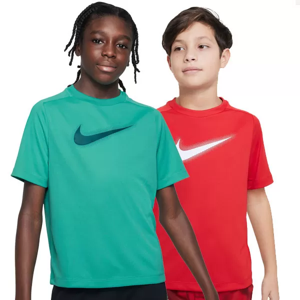 Tee-shirt enfant Nike Multi Icon vert ou rouge avec grand logo swwosh