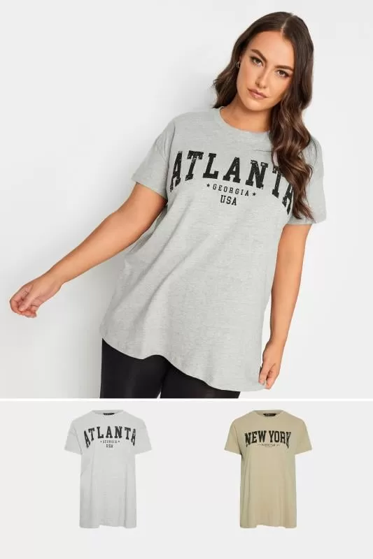 YOURS - Lot de 2 T-Shirts Gris & Marron 'Atlanta New York'