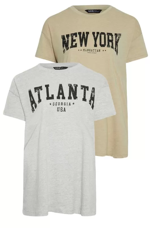 YOURS - Lot de 2 T-Shirts Gris & Marron 'Atlanta New York'