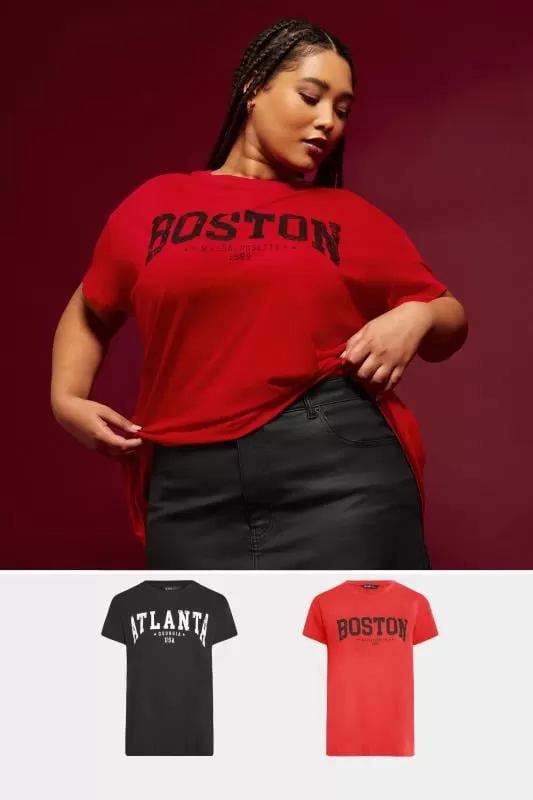 YOURS - Lot de 2 T-Shirts Noir & Rouge 'Atlanta Boston'