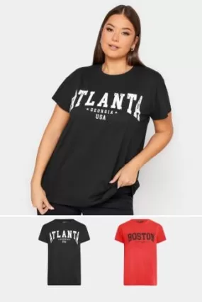 YOURS - Lot de 2 T-Shirts Noir & Rouge 'Atlanta Boston'