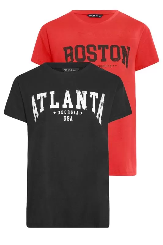 YOURS - Lot de 2 T-Shirts Noir & Rouge 'Atlanta Boston'