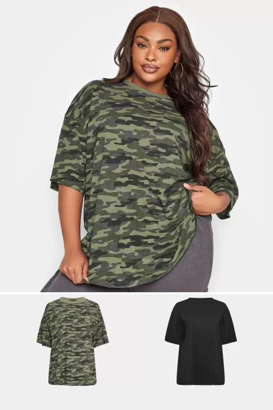 YOURS - Lot de 2 T-Shirts Noir & Vert Kaki Oversize Militaire