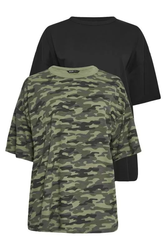 YOURS - Lot de 2 T-Shirts Noir & Vert Kaki Oversize Militaire