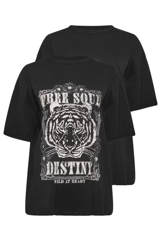 YOURS - Lot de 2 T-Shirts Noirs Tigre & Uni