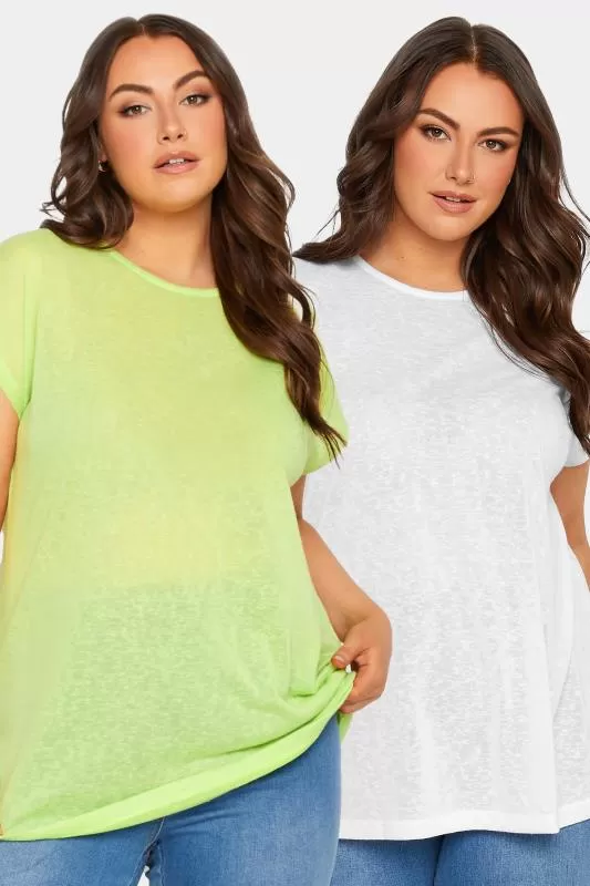 YOURS - Lot de 2 T-Shirts Vert Citron & Blanc en Lin