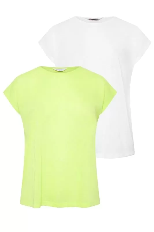 YOURS - Lot de 2 T-Shirts Vert Citron & Blanc en Lin