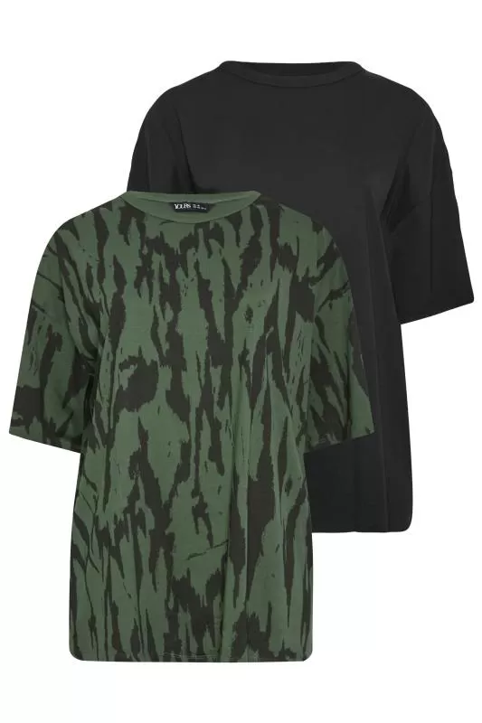 YOURS - Lot de 2 T-Shirts Vert Kaki Animal & Noir Uni